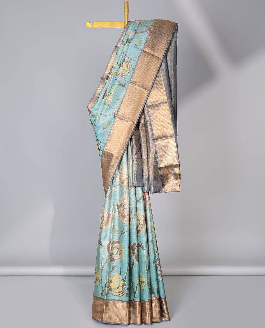 Blue floral vine printed semi-banaras tissue saree, contrast traditional zari design border & jaal pallu