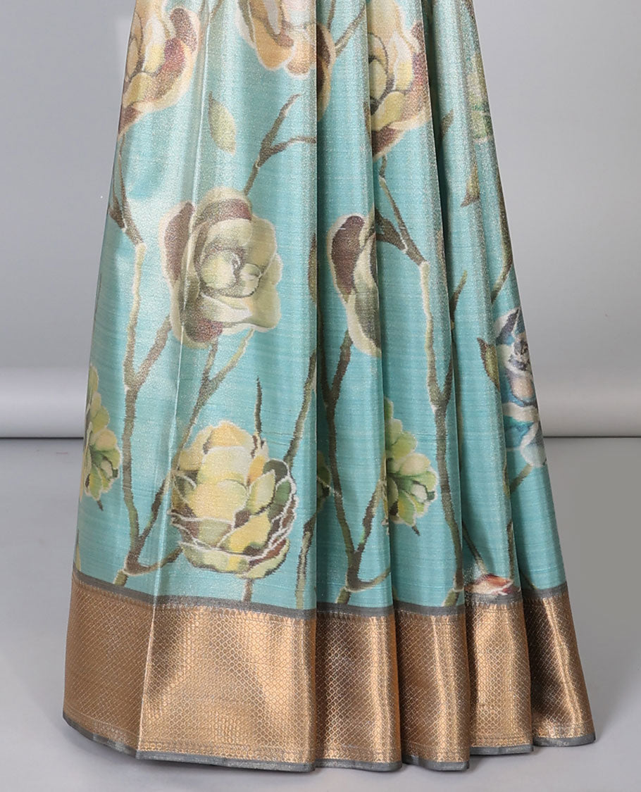 Blue floral vine printed semi-banaras tissue saree, contrast traditional zari design border & jaal pallu