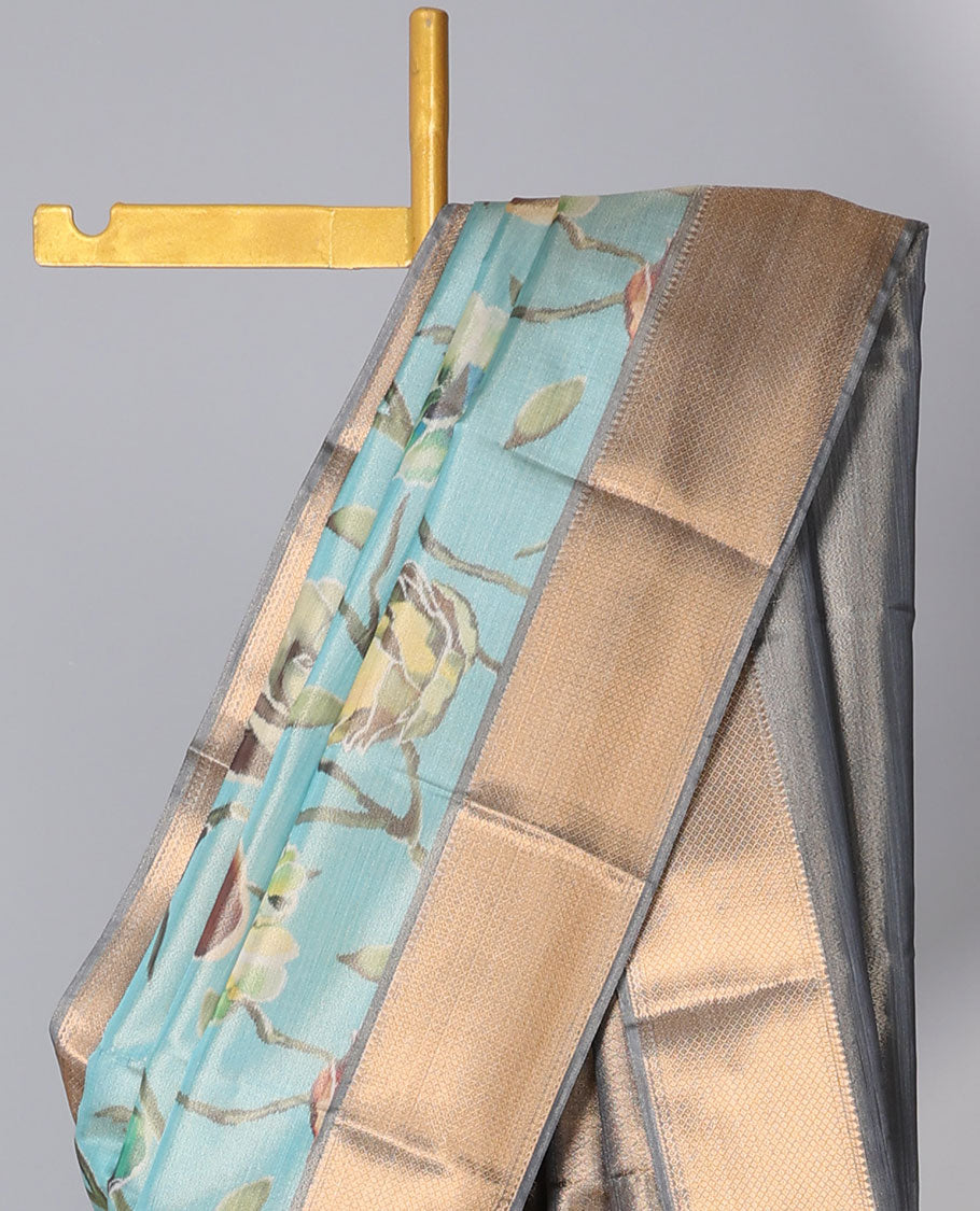 Blue floral vine printed semi-banaras tissue saree, contrast traditional zari design border & jaal pallu