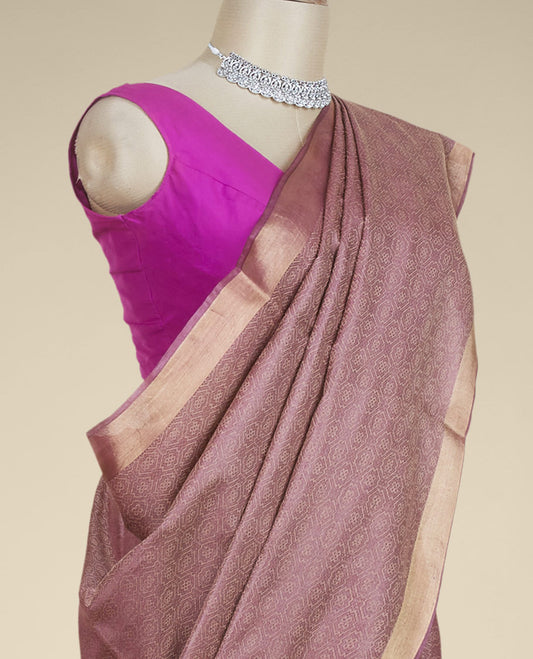 Purple geometric ogee patterned tusser silk saree, zari Purple