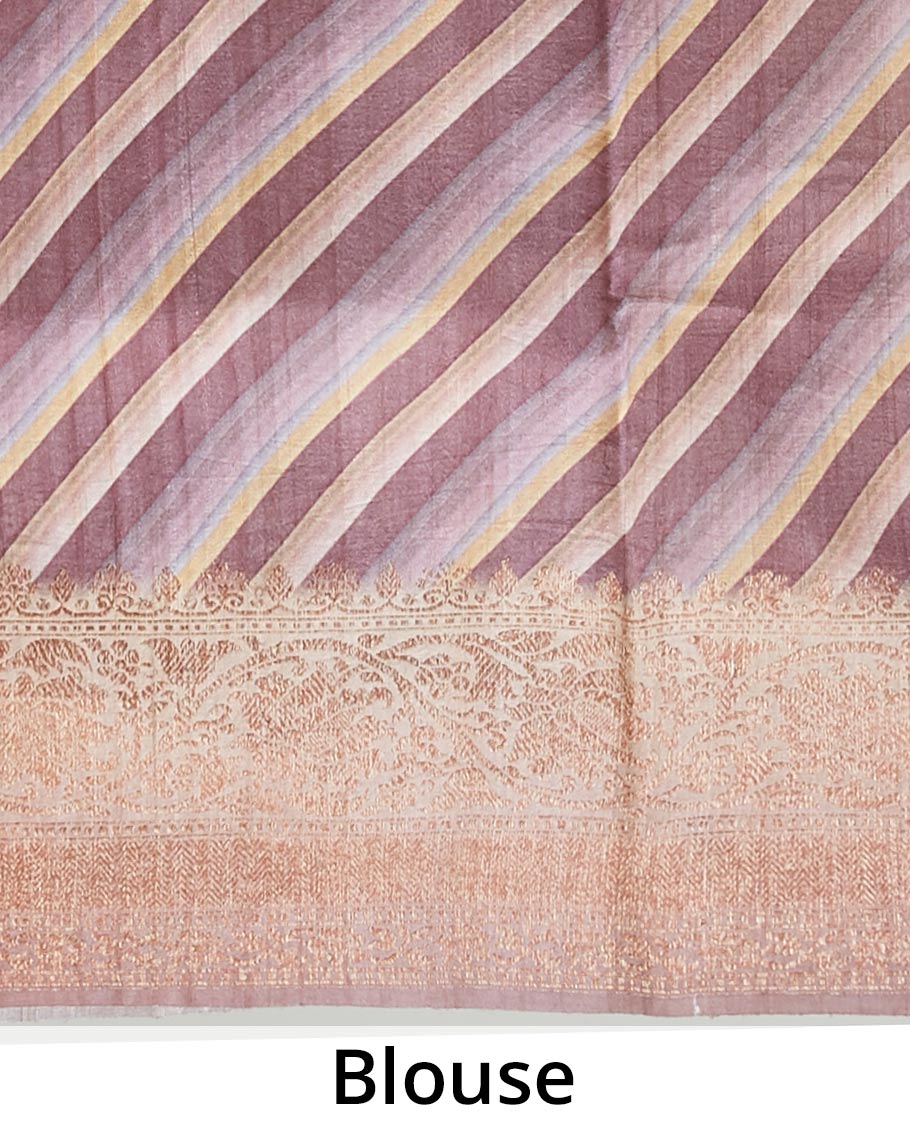 Brown colorful big polka dots printed tusser silk saree with zari buttas, traditional zari design border
