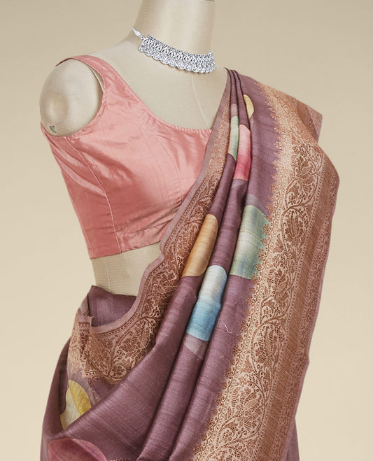 Brown colorful big polka dots printed tusser silk saree with zari buttas, traditional zari design border
