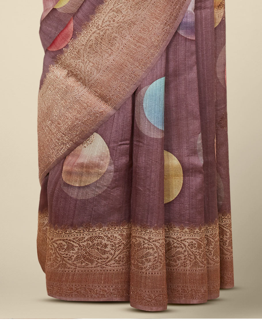 Brown colorful big polka dots printed tusser silk saree with zari buttas, traditional zari design border