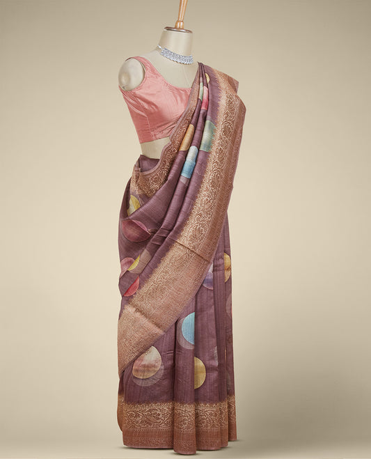 Brown colorful big polka dots printed tusser silk saree with zari buttas, traditional zari design border