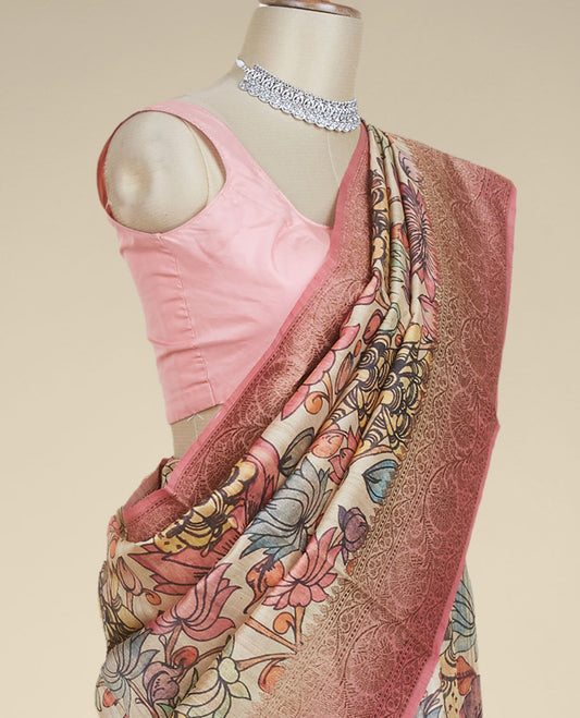 Multi-color kalamkari-style floral & human motifs printed tusser silk saree, contrast traditional zari design border