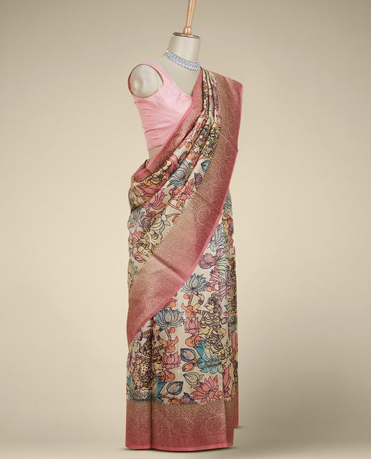 Multi-color kalamkari-style floral & human motifs printed tusser silk saree, contrast traditional zari design border