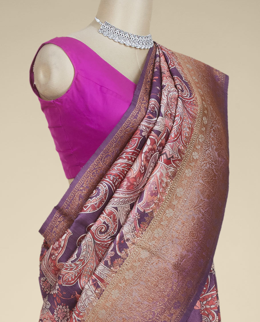 Purple banaras georgette saree with buttas, traditional zari border of floral creeper designs