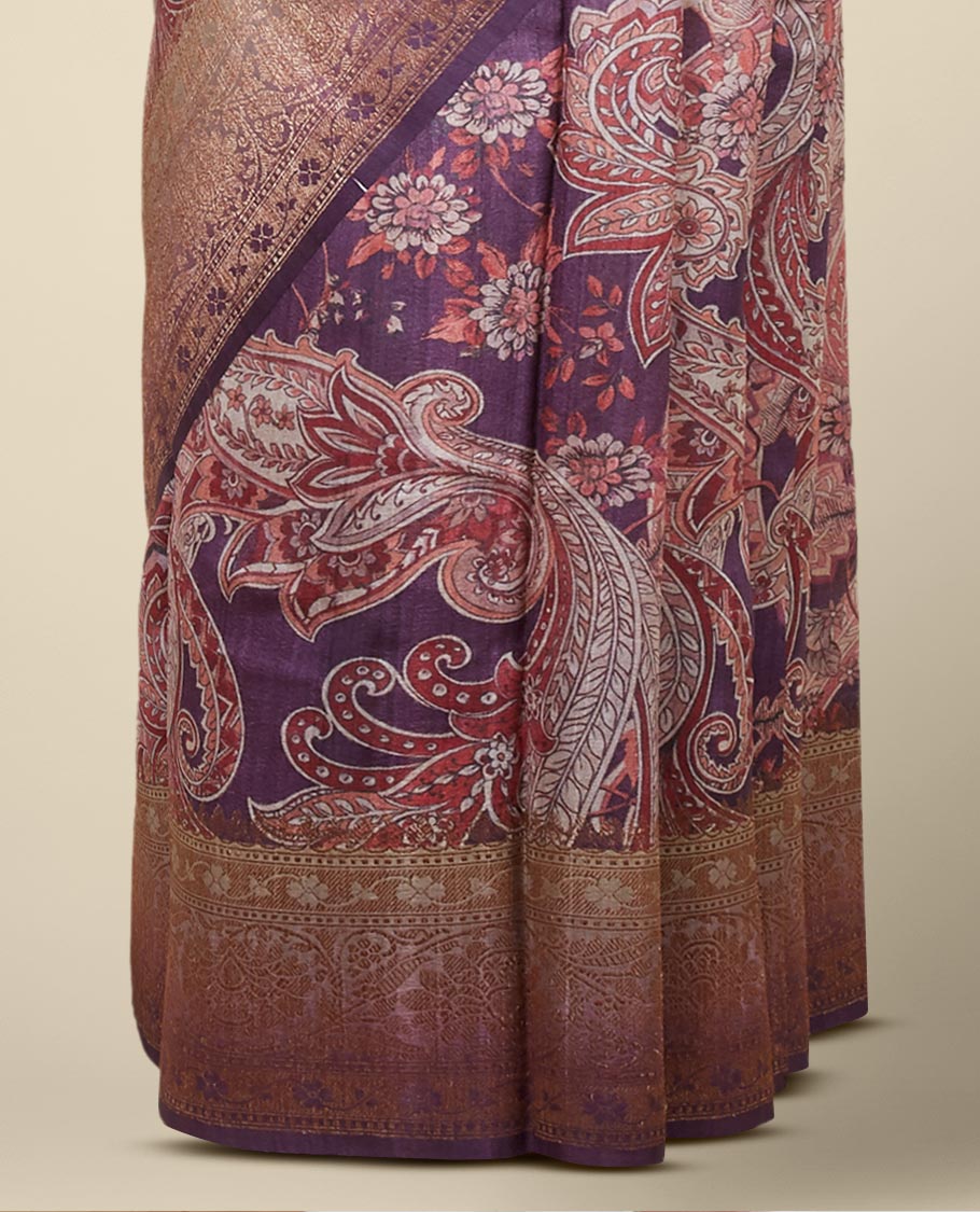 Purple banaras georgette saree with buttas, traditional zari border of floral creeper designs