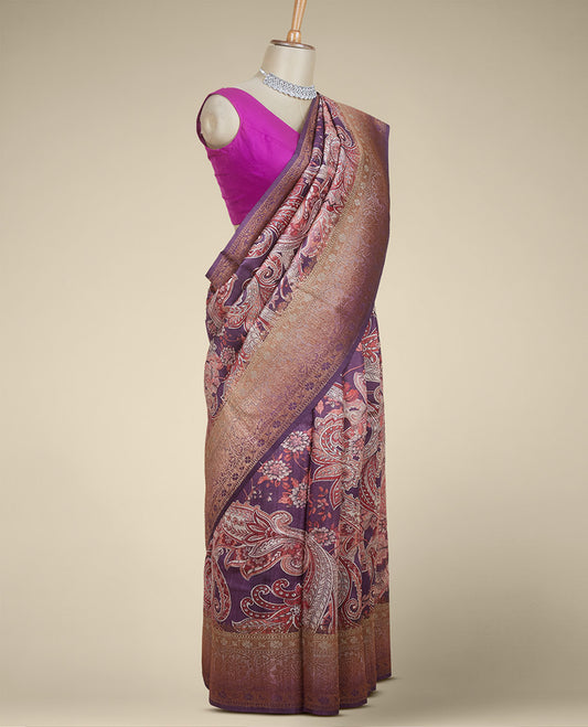 Purple banaras georgette saree with buttas, traditional zari border of floral creeper designs