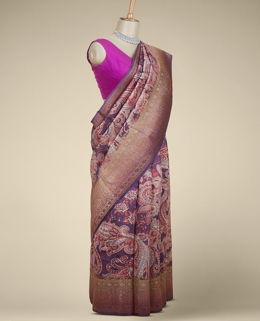 Purple banaras georgette saree with buttas, traditional zari border of floral creeper designs