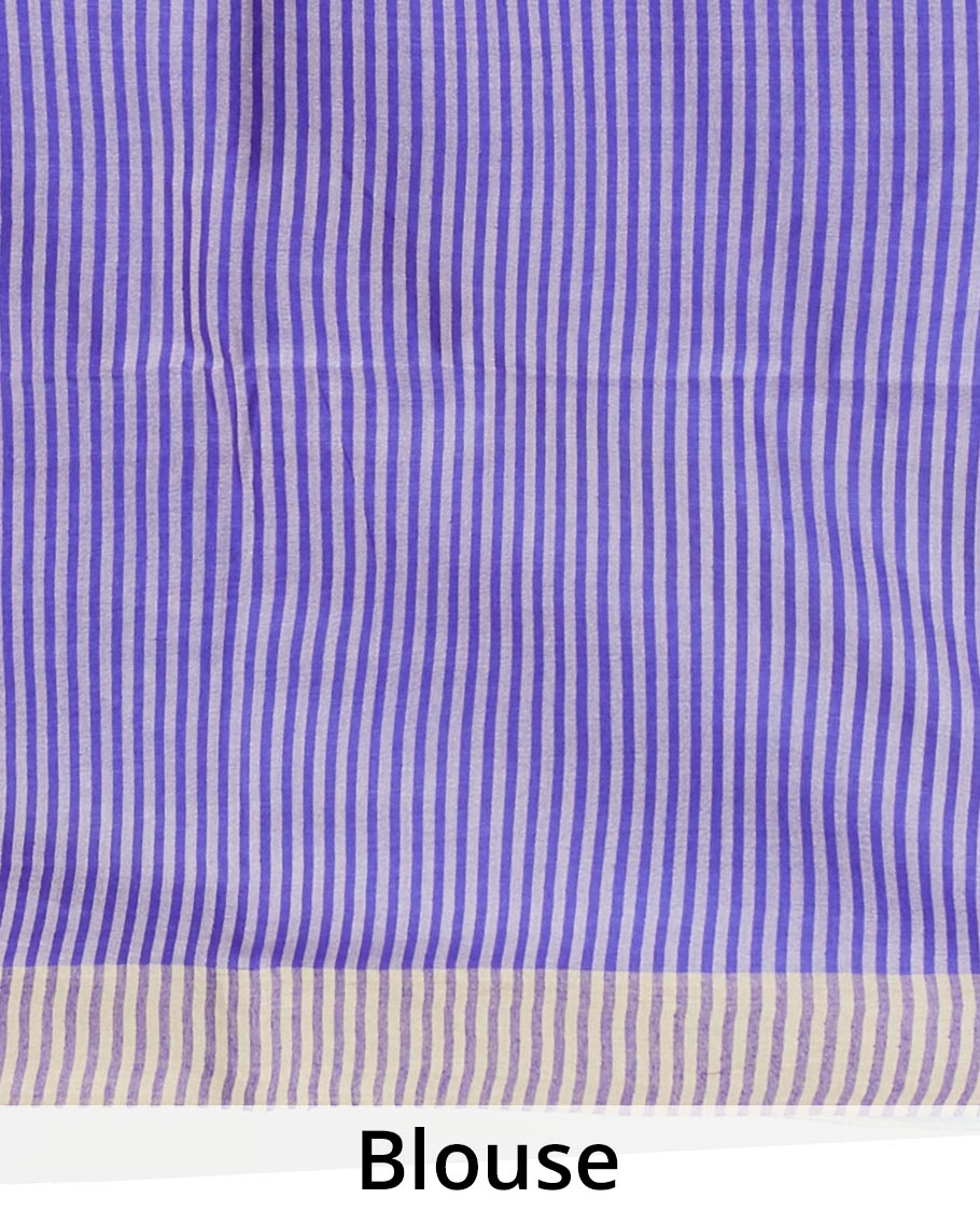 Blue geometric ogee patterned tusser silk saree, zari border