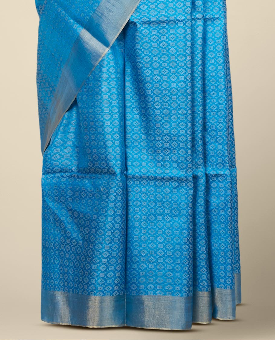 Blue geometric ogee patterned tusser silk saree, zari border