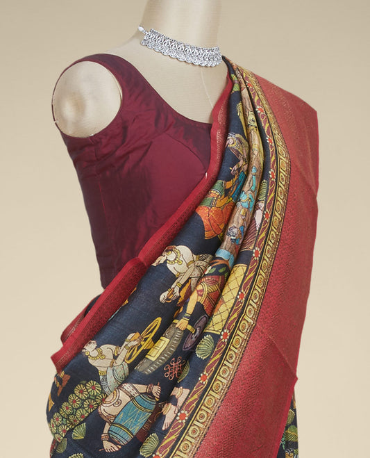 Black village-themed flora and human motifs printed tusser silk saree, contrast zari traditional design border