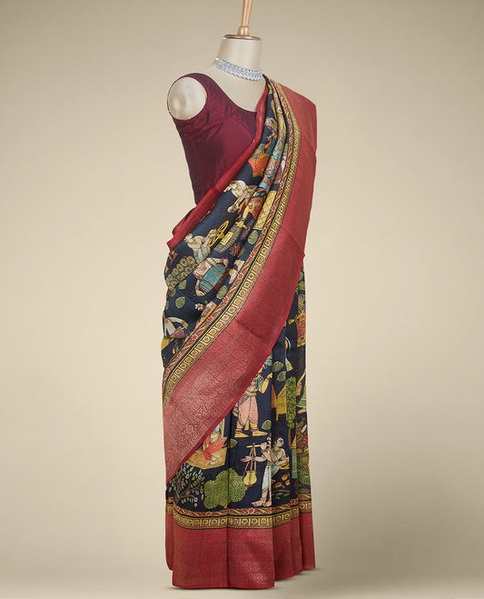 Black village-themed flora and human motifs printed tusser silk saree, contrast zari traditional design border