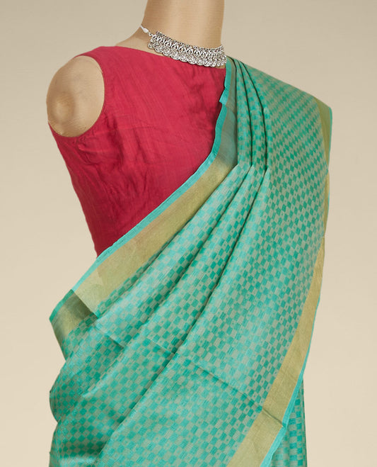 Green intricate checked tusser silk saree, zari border