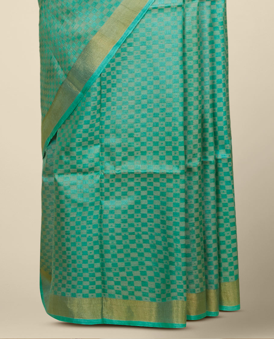 Green intricate checked tusser silk saree, zari border