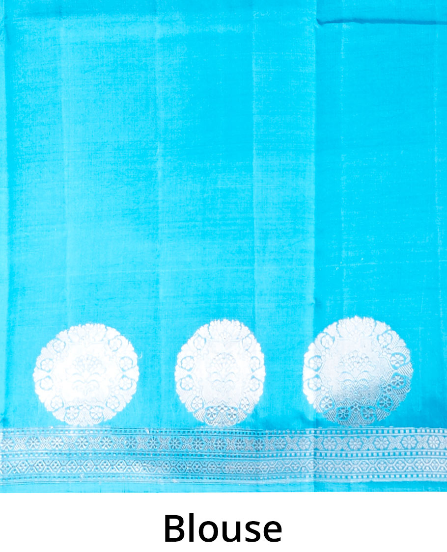 Blue banaras raw mango silk saree with zari buttas, zari border adorned with traditional designs