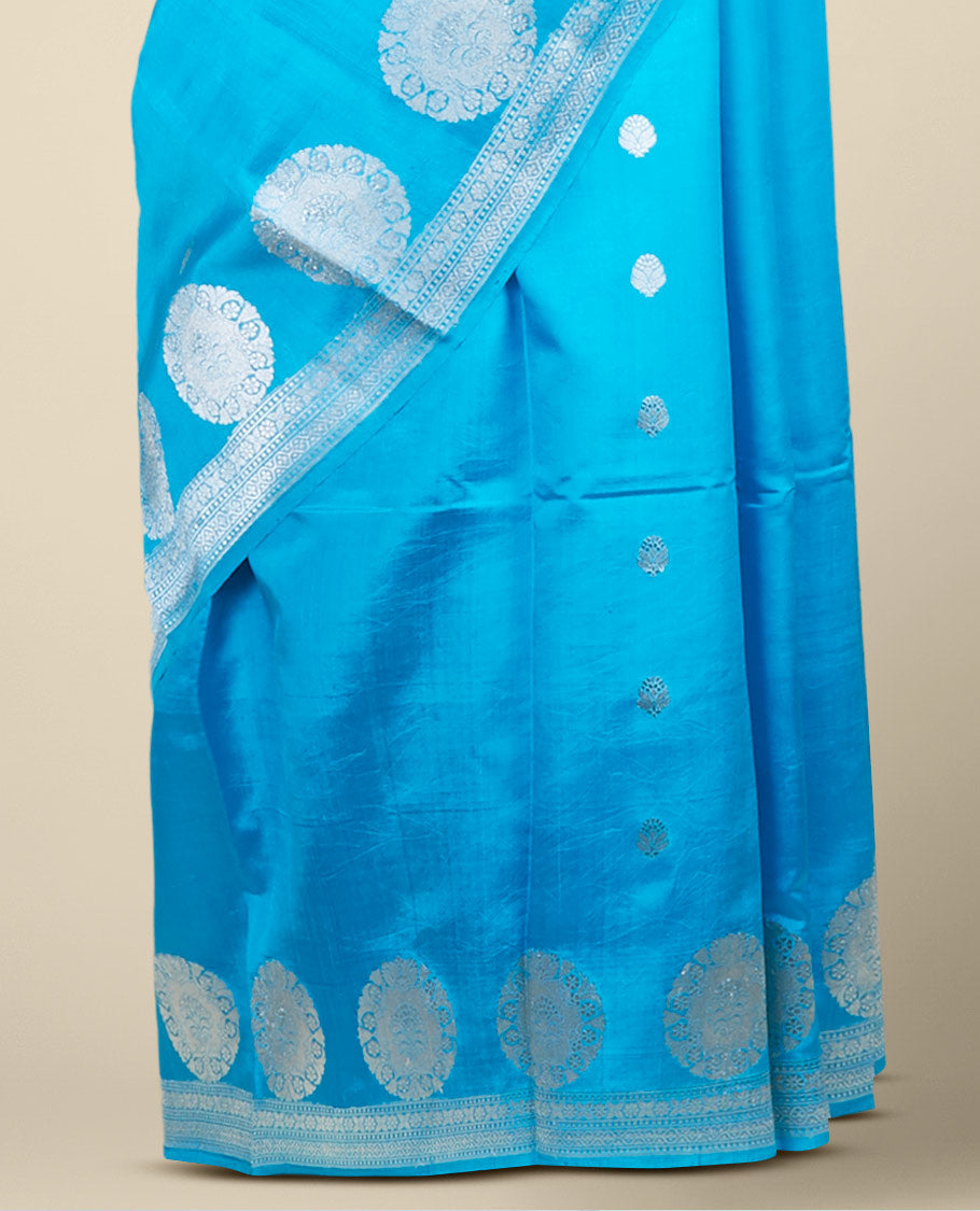 Blue banaras raw mango silk saree with zari buttas, zari border adorned with traditional designs