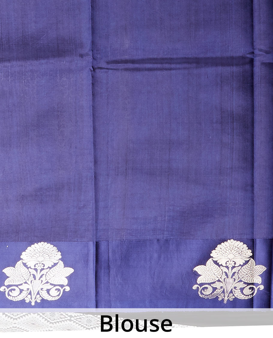 Blue banaras raw mango silk saree with zari buttas, zari border of floral designs