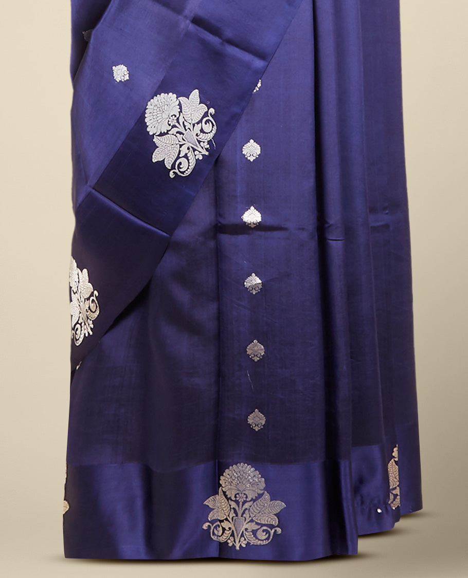 Blue banaras raw mango silk saree with zari buttas, zari border of floral designs