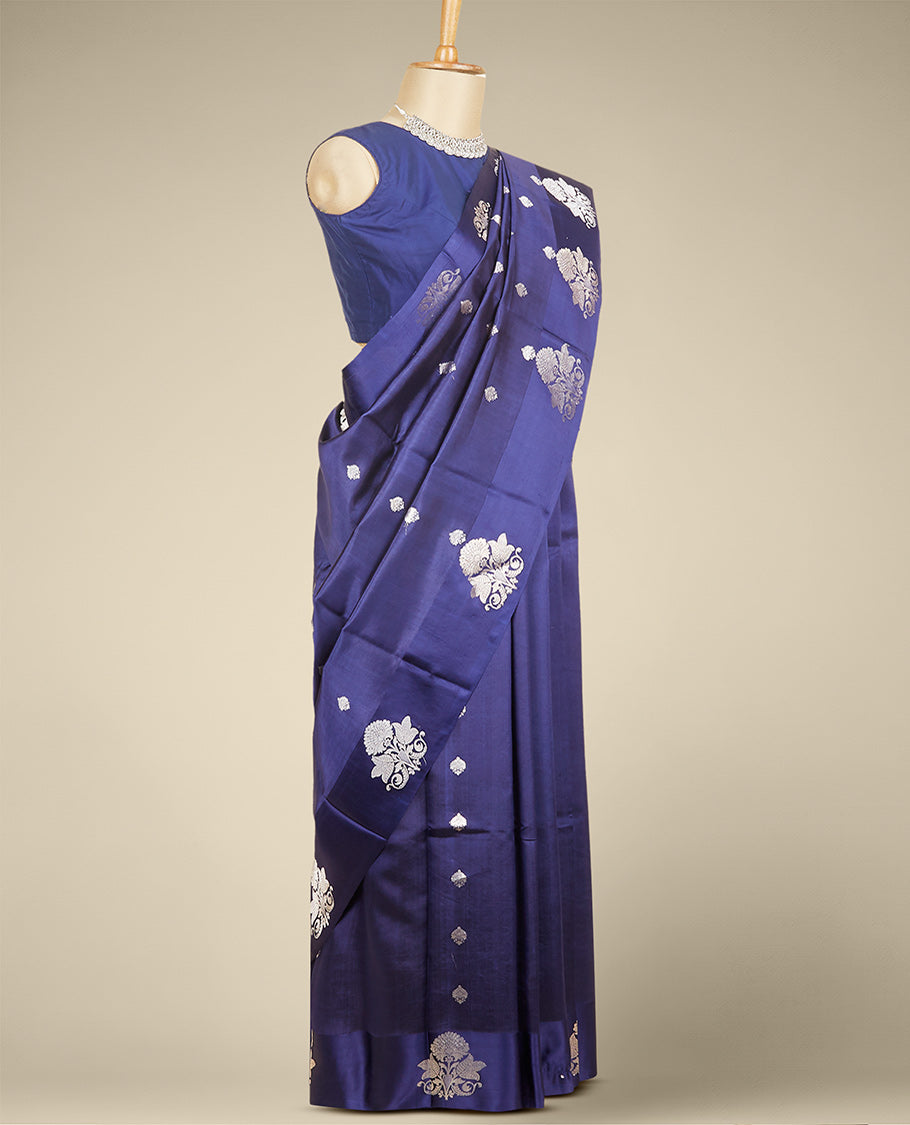Blue banaras raw mango silk saree with zari buttas, zari border of floral designs