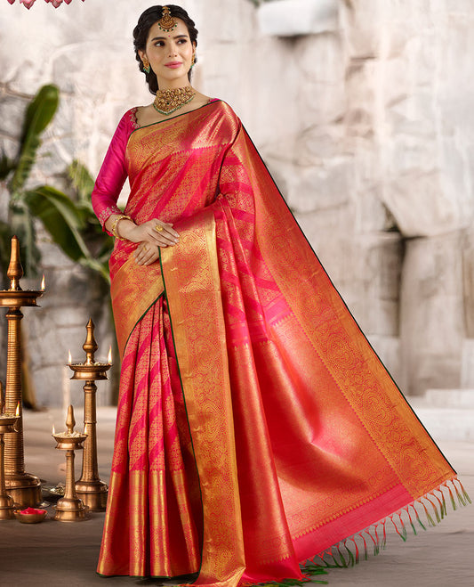 Pink jacquard silk saree, jaal pallu & zari accentuated border of intricate motifs weave