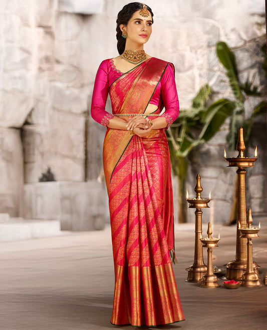 Pink jacquard silk saree, jaal pallu & zari accentuated border of intricate motifs weave