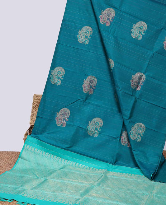 Borderless blue striped & mayil buttas Kanchipuram designer silksaree, contrast pallu of manga mokku & diagonal stripes