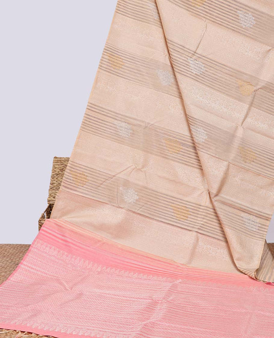 Borderless sandal striped Kanchipuram designer silksaree with zari designs, contrast pallu of jaal designs