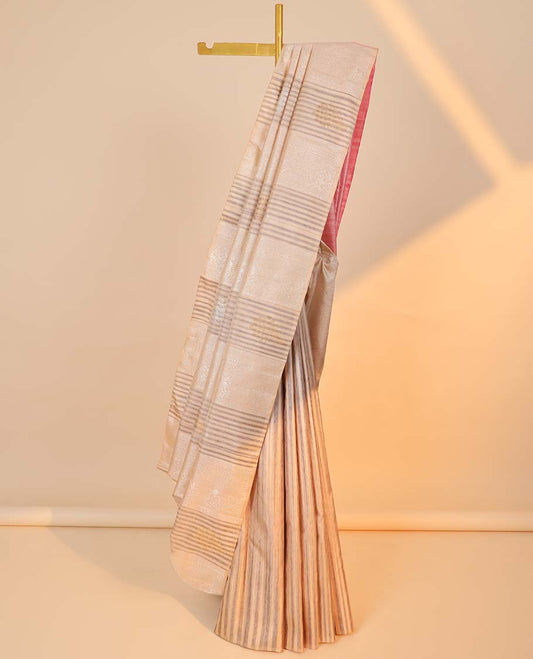 Borderless sandal striped Kanchipuram designer silksaree with zari designs, contrast pallu of jaal designs