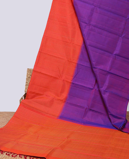 Purple plain kanchipuram designer silksaree, contrast rekku border & pallu of muthu zari stripes