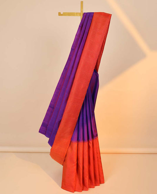 Purple plain kanchipuram designer silksaree, contrast rekku border & pallu of muthu zari stripes