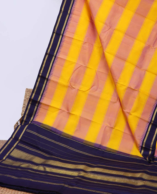 Pink striped kancheepuram silksaree, contrast zari striped pallu & border of temple rettai pettu border of muthu design