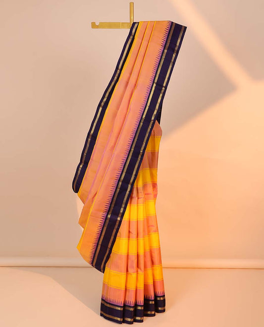 Pink striped kancheepuram silksaree, contrast zari striped pallu & border of temple rettai pettu border of muthu design