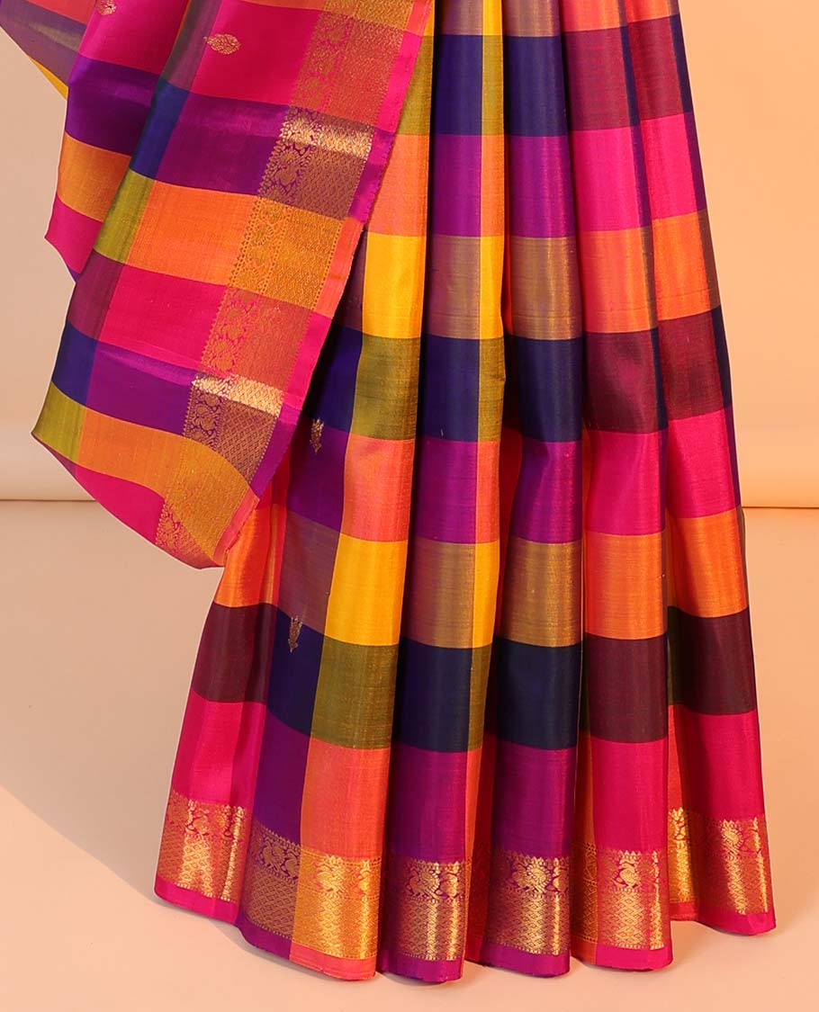 Multi-color checked kancheepuram silk saree with buttas, jaal pallu & border of rekku,muthu,mayil & jaal