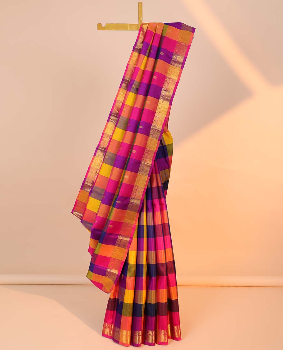 Multi-color checked kancheepuram silk saree with buttas, jaal pallu & border of rekku,muthu,mayil & jaal