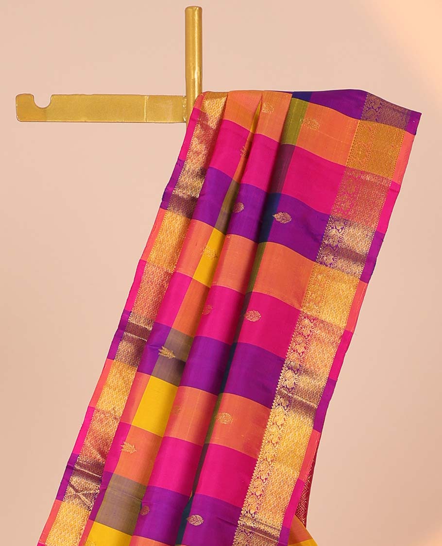 Multi-color checked kancheepuram silk saree with buttas, jaal pallu & border of rekku,muthu,mayil & jaal