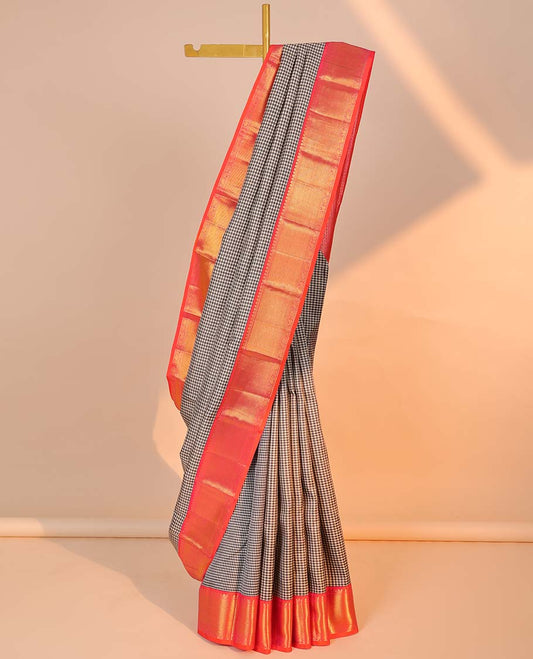 Multi-color checked kancheepuram silksaree,contrast manga steeped pallu & border salngai,muthu,zari stripes,yaanai,manga