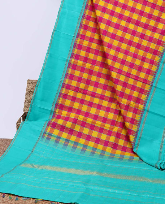 Multi-color checked kancheepuram silksaree, contrast rettai pettu border of stripes & pallu of zari designs