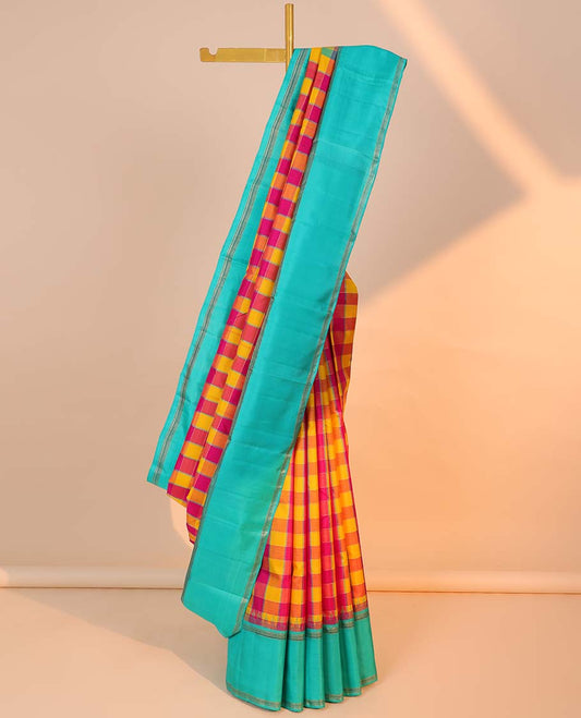 Multi-color checked kancheepuram silksaree, contrast rettai pettu border of stripes & pallu of zari designs