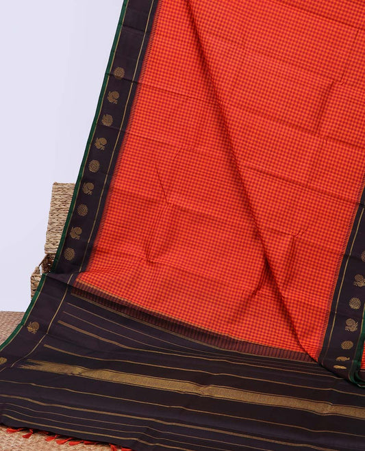 Red checked kancheepuram silksaree, contrast mayil chakram border & pallu of thazampoo rekku designs