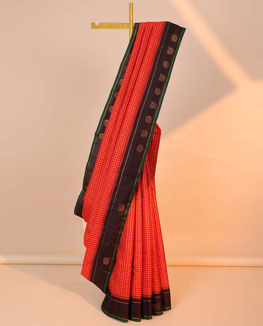 Red checked kancheepuram silksaree, contrast mayil chakram border & pallu of thazampoo rekku designs