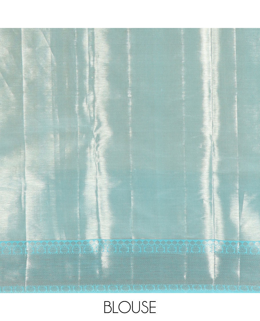 Grey jacquard kancheepuram tissue silk saree, contrast border of thilakam,poun & mayil kann & intricate pallu