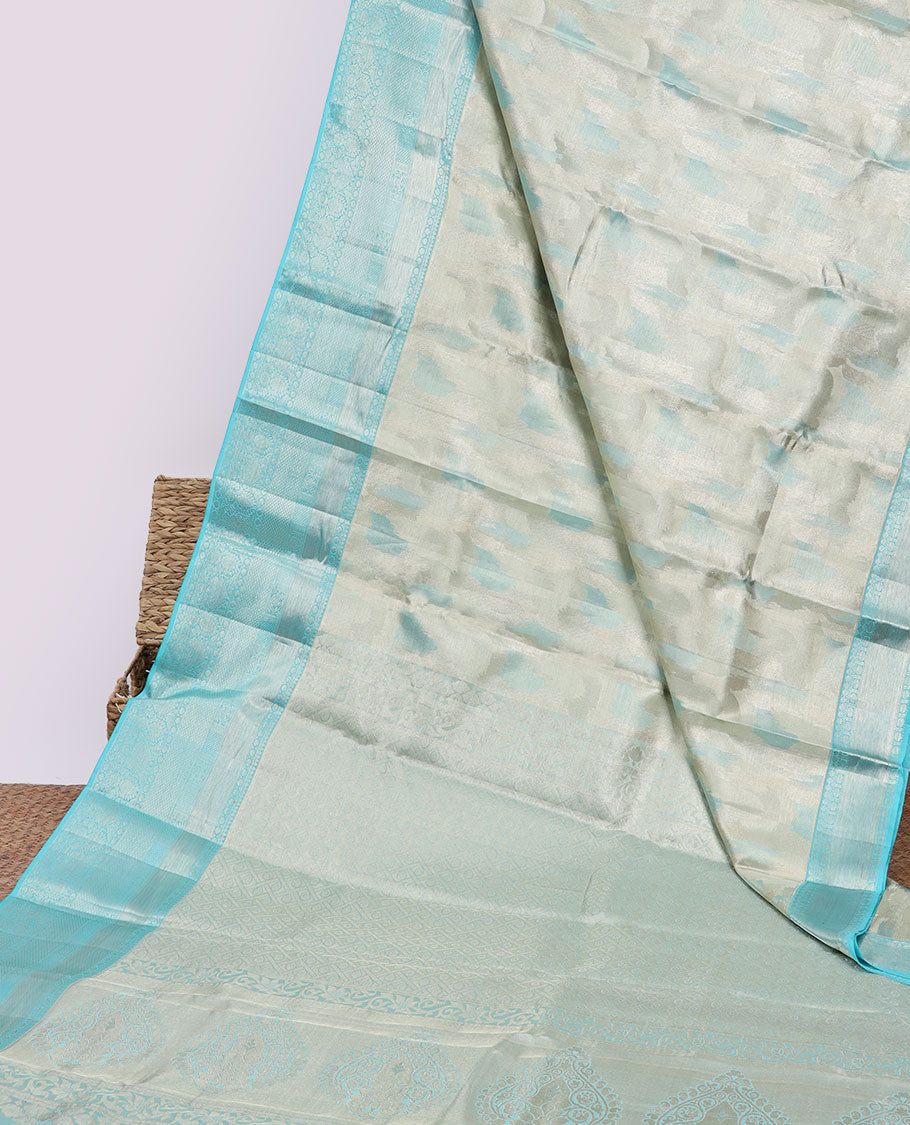 Grey jacquard kancheepuram tissue silk saree, contrast border of thilakam,poun & mayil kann & intricate pallu
