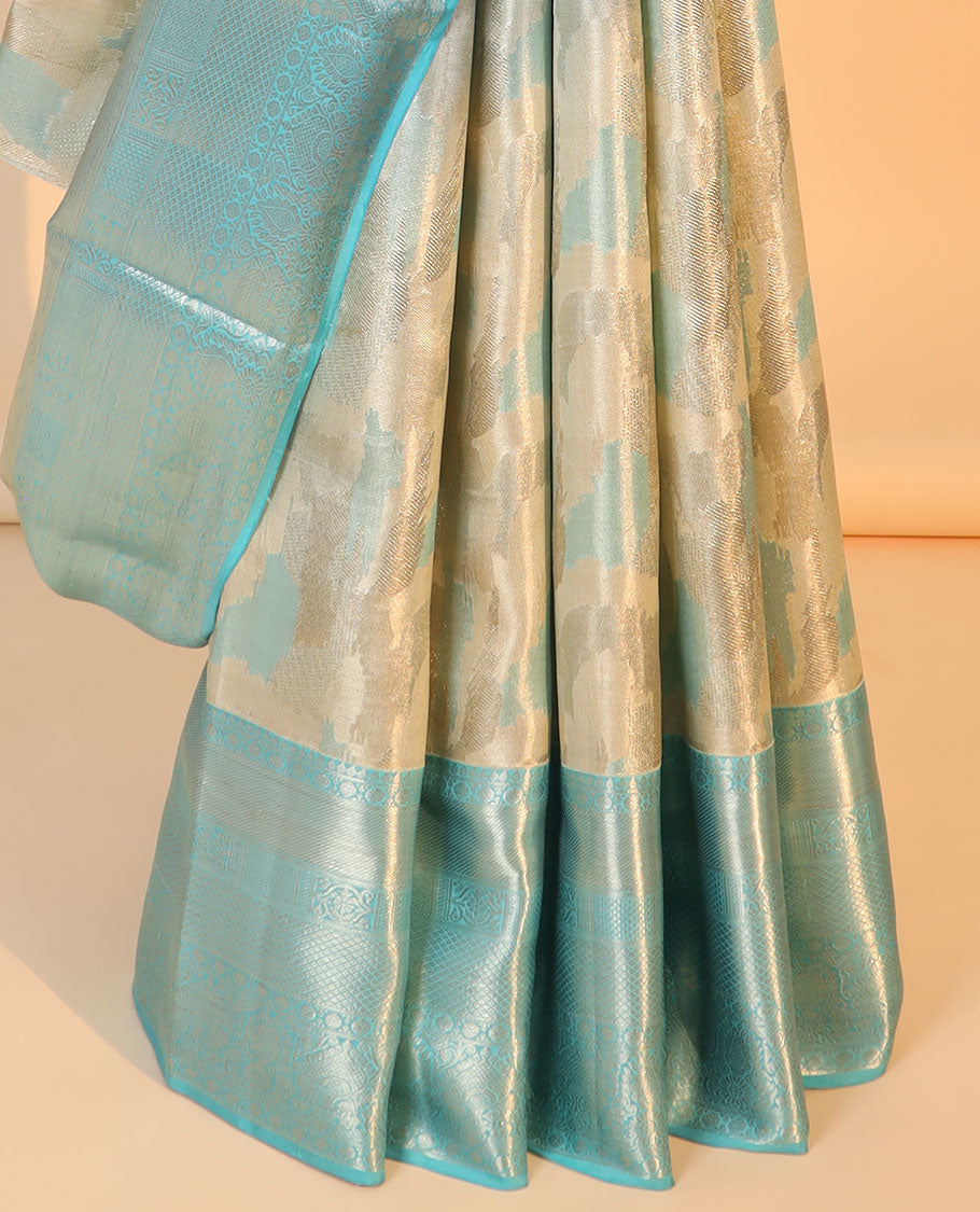 Grey jacquard kancheepuram tissue silk saree, contrast border of thilakam,poun & mayil kann & intricate pallu