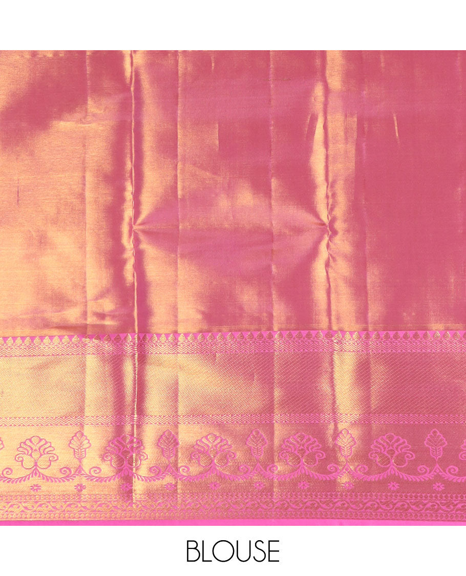 Pink jacquard kancheepuram tissue silksaree, contrast border of thilakam mokku,rettai neli & floral design & jaal pallu