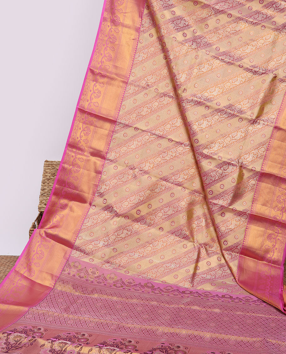 Pink jacquard kancheepuram tissue silksaree, contrast border of thilakam mokku,rettai neli & floral design & jaal pallu