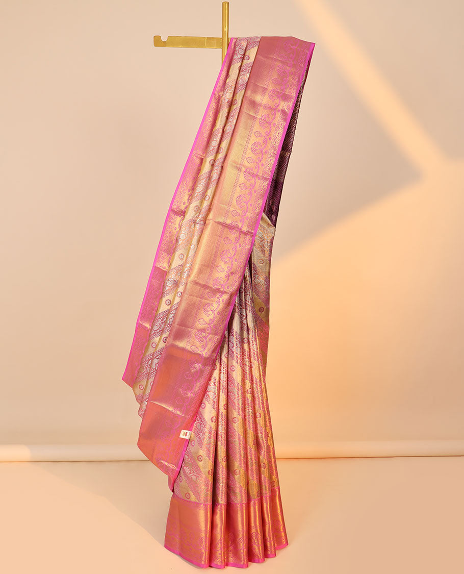 Pink jacquard kancheepuram tissue silksaree, contrast border of thilakam mokku,rettai neli & floral design & jaal pallu