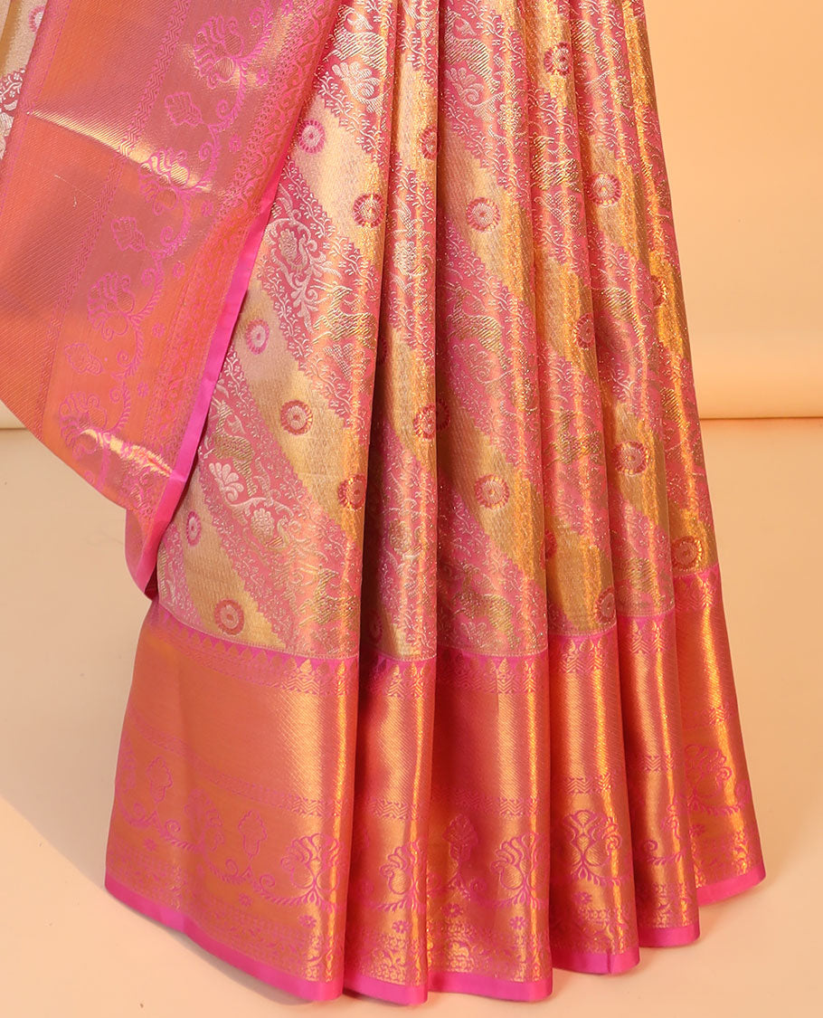 Pink jacquard kancheepuram tissue silksaree, contrast border of thilakam mokku,rettai neli & floral design & jaal pallu