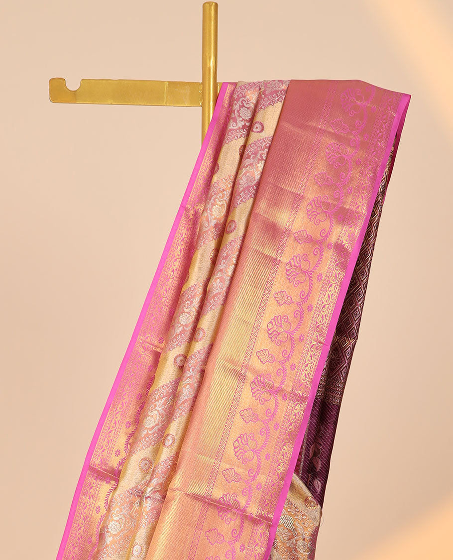 Pink jacquard kancheepuram tissue silksaree, contrast border of thilakam mokku,rettai neli & floral design & jaal pallu